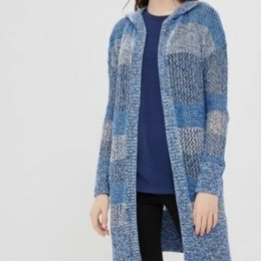 Gap Heather Blue Long Open Stitch Knit Hooded Cardigan Sweater - Siz…
